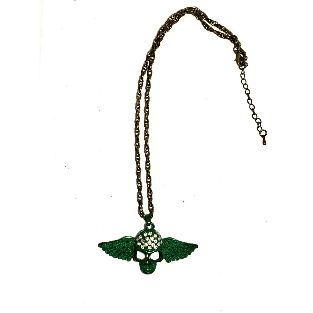 Winged Skull with Rhinestones, deep turquoise-tone, Gun metal chain Necklace